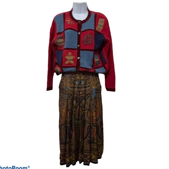 Koret City Blues Women's Sz Large Christmas Sweater Button Front Red Patchworks - Picture 4 of 12